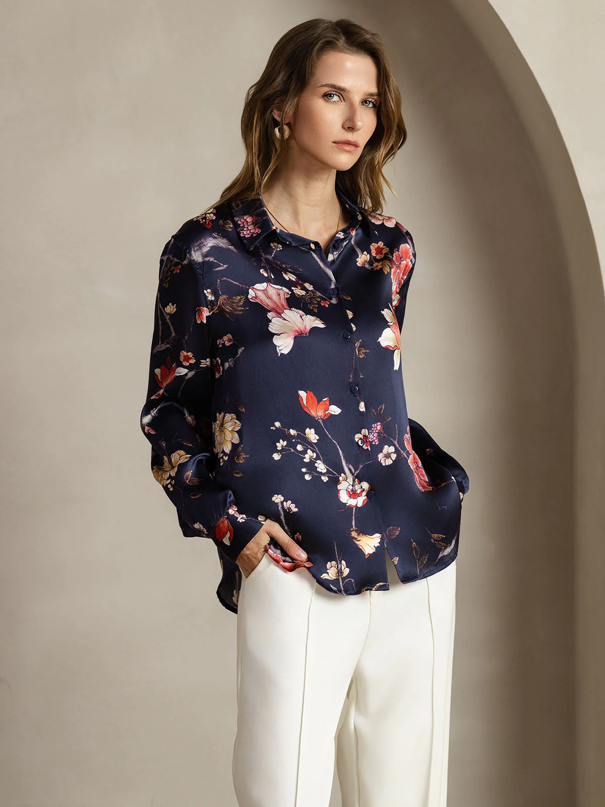 19Momme Soie Basique Col Militaire Chemise - Image 123
