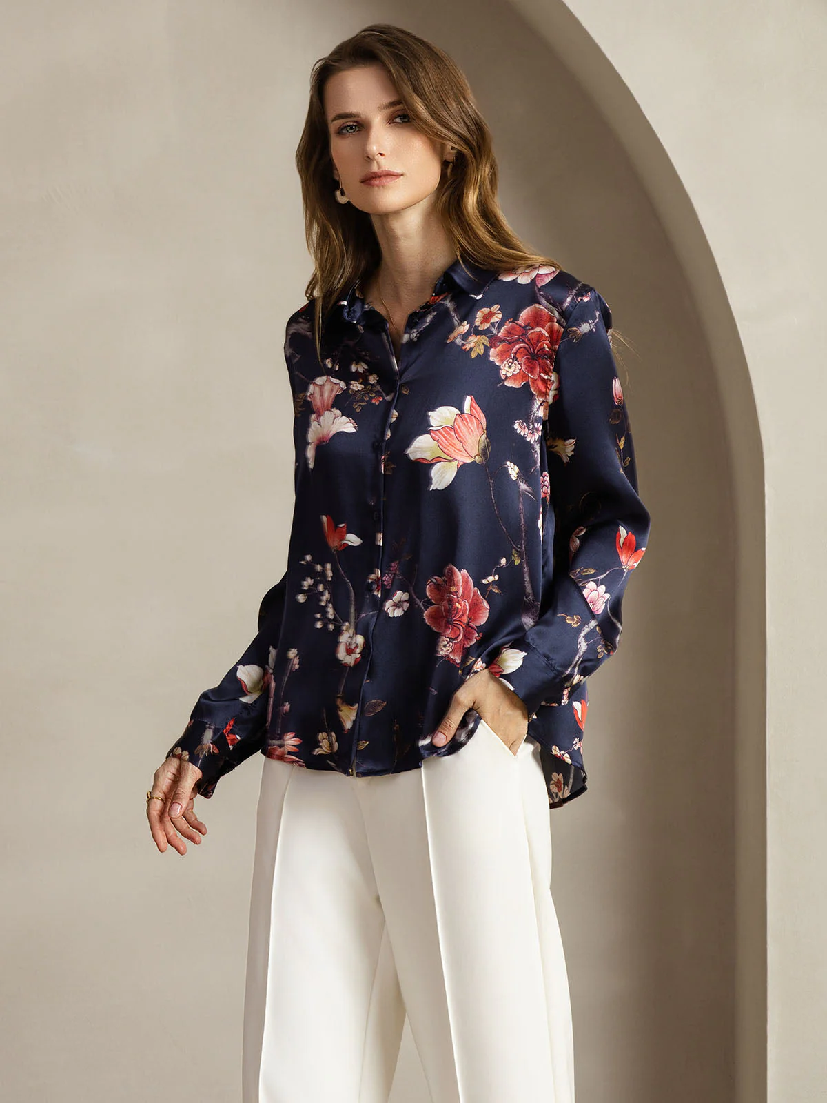 19Momme Soie Basique Col Militaire Chemise - Image 125