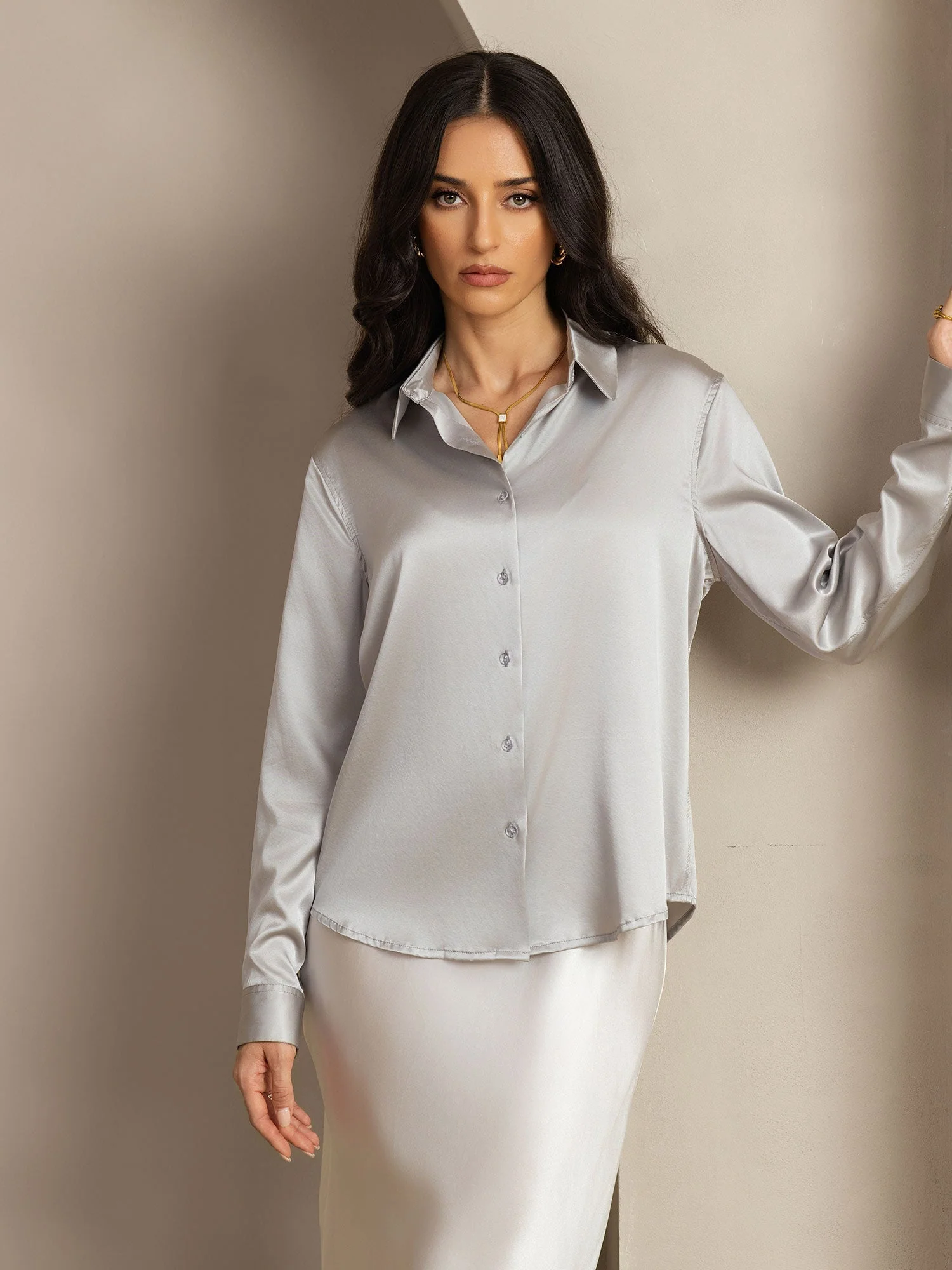 19Momme Soie Basique Col Militaire Chemise - Image 136