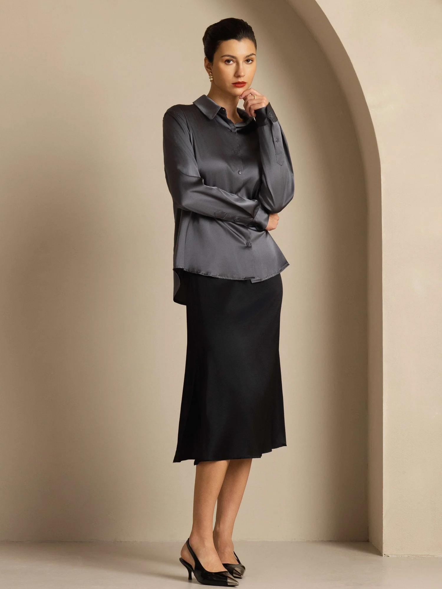 19Momme Soie Basique Col Militaire Chemise - Image 137