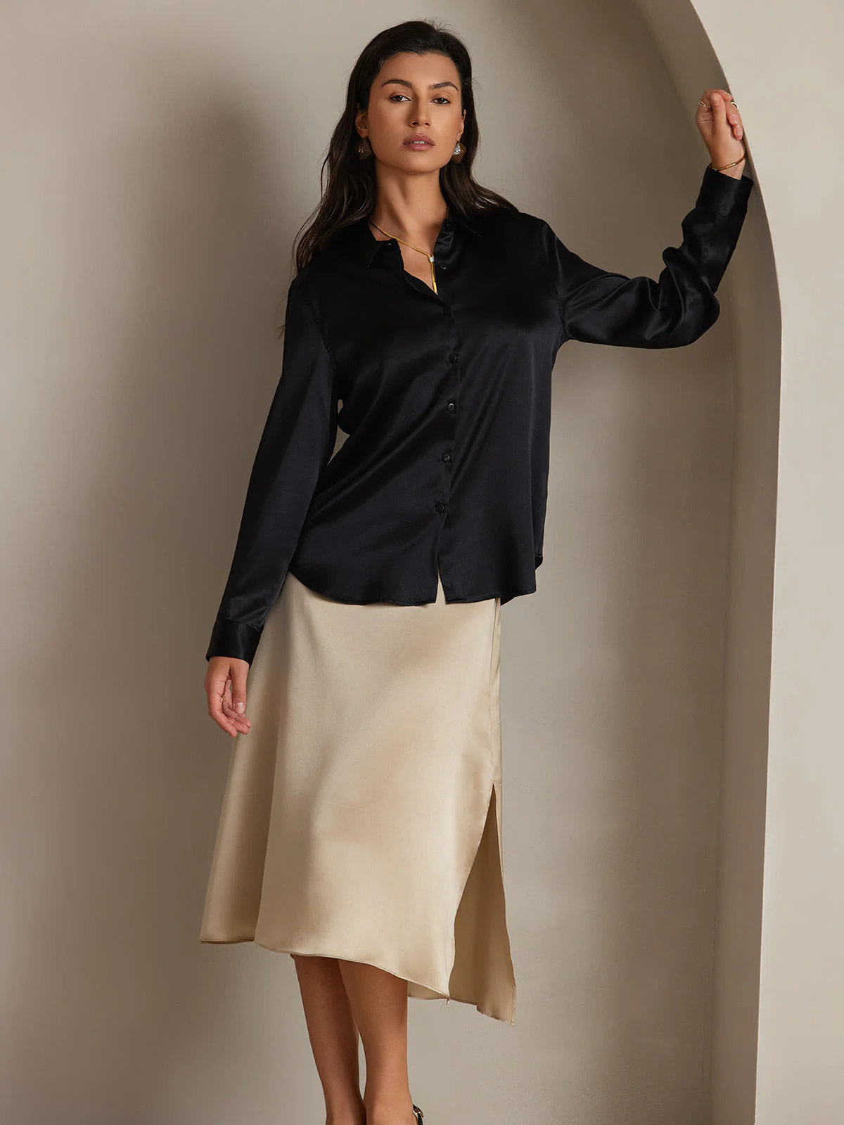 19Momme Soie Basique Col Militaire Chemise - Image 28