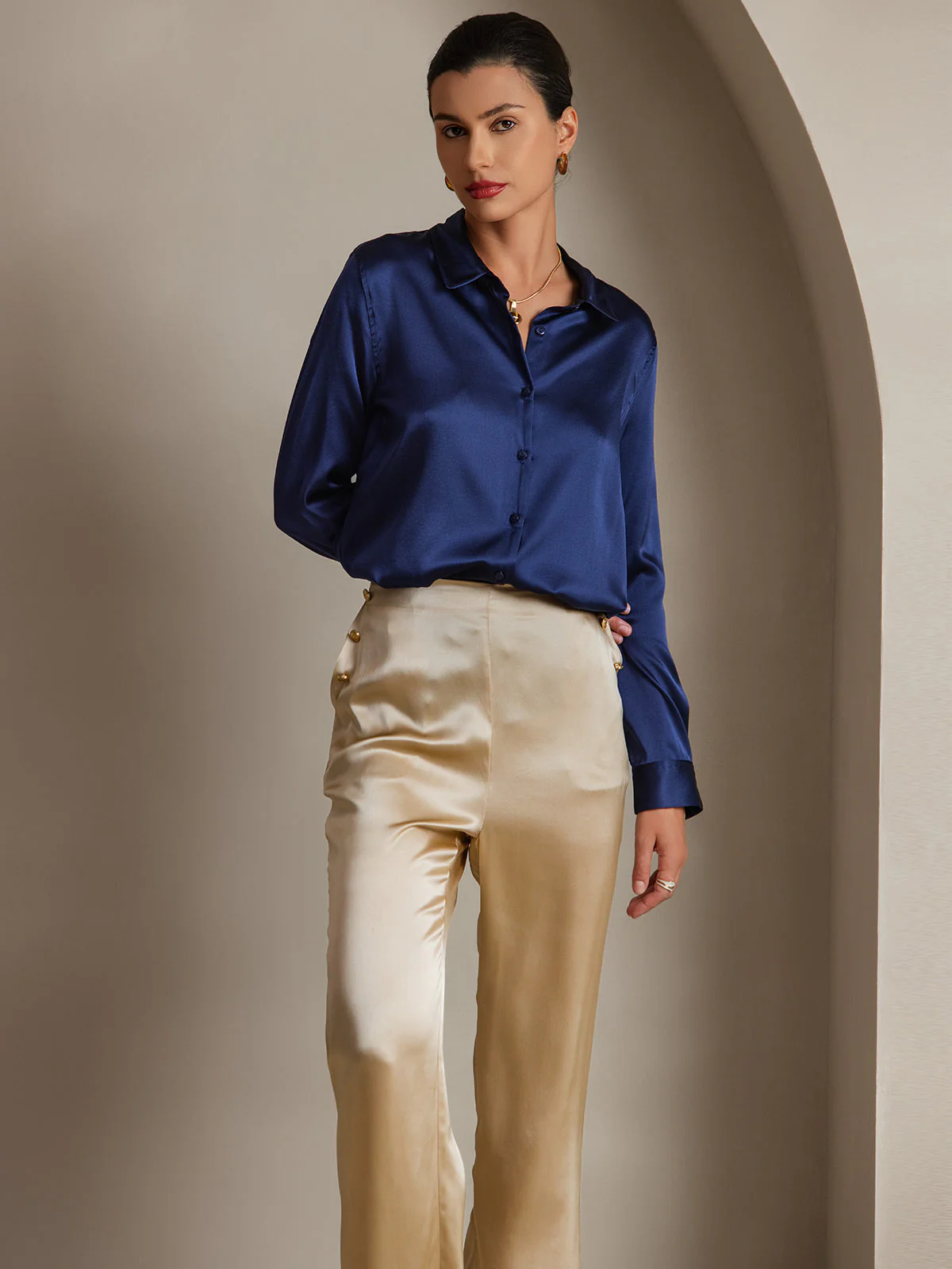 19Momme Soie Basique Col Militaire Chemise - Image 42