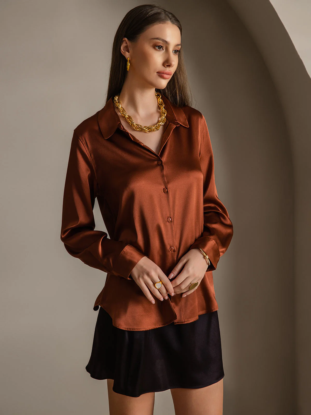 19Momme Soie Basique Col Militaire Chemise - Image 59