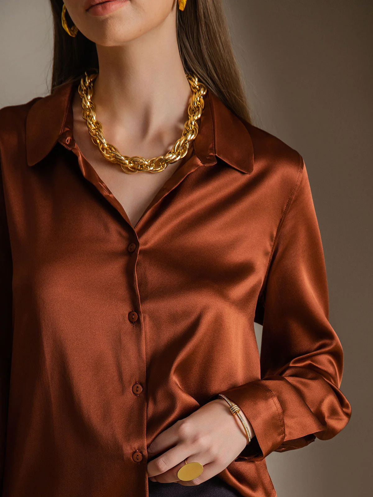 19Momme Soie Basique Col Militaire Chemise - Image 62