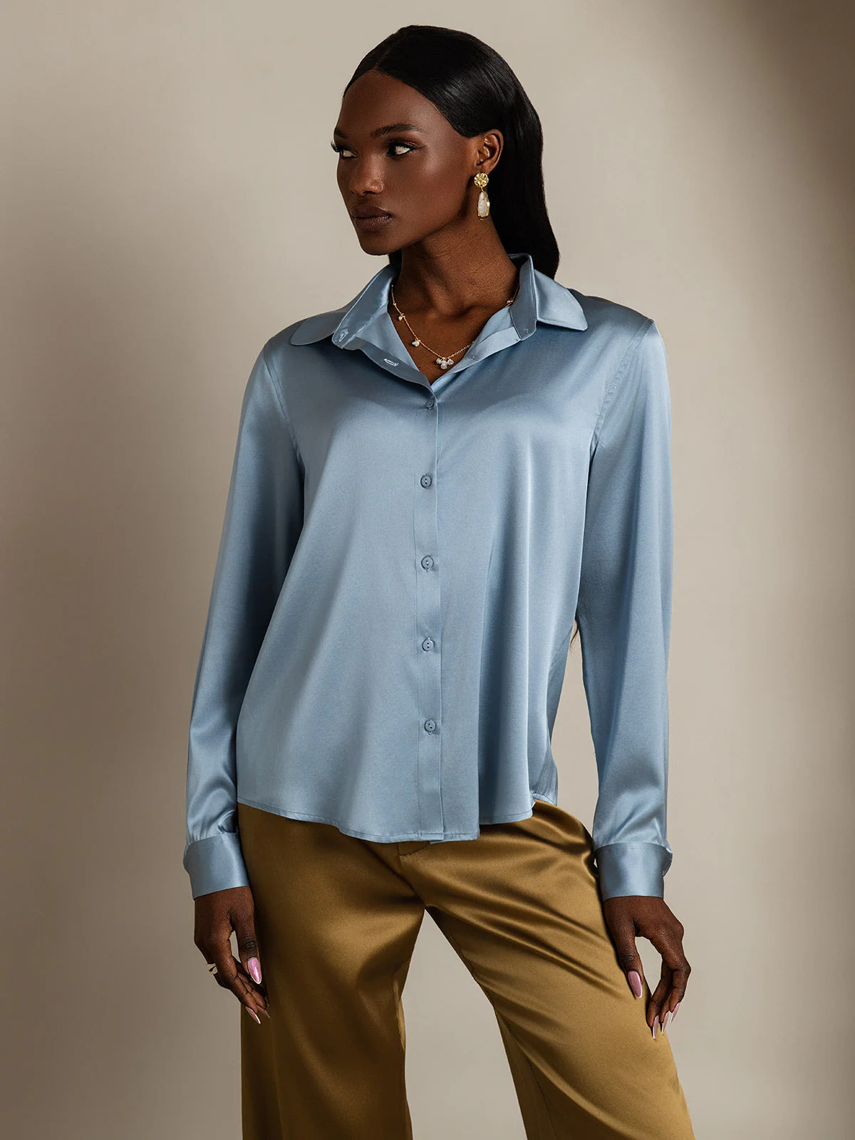 19Momme Soie Basique Col Militaire Chemise - Image 63