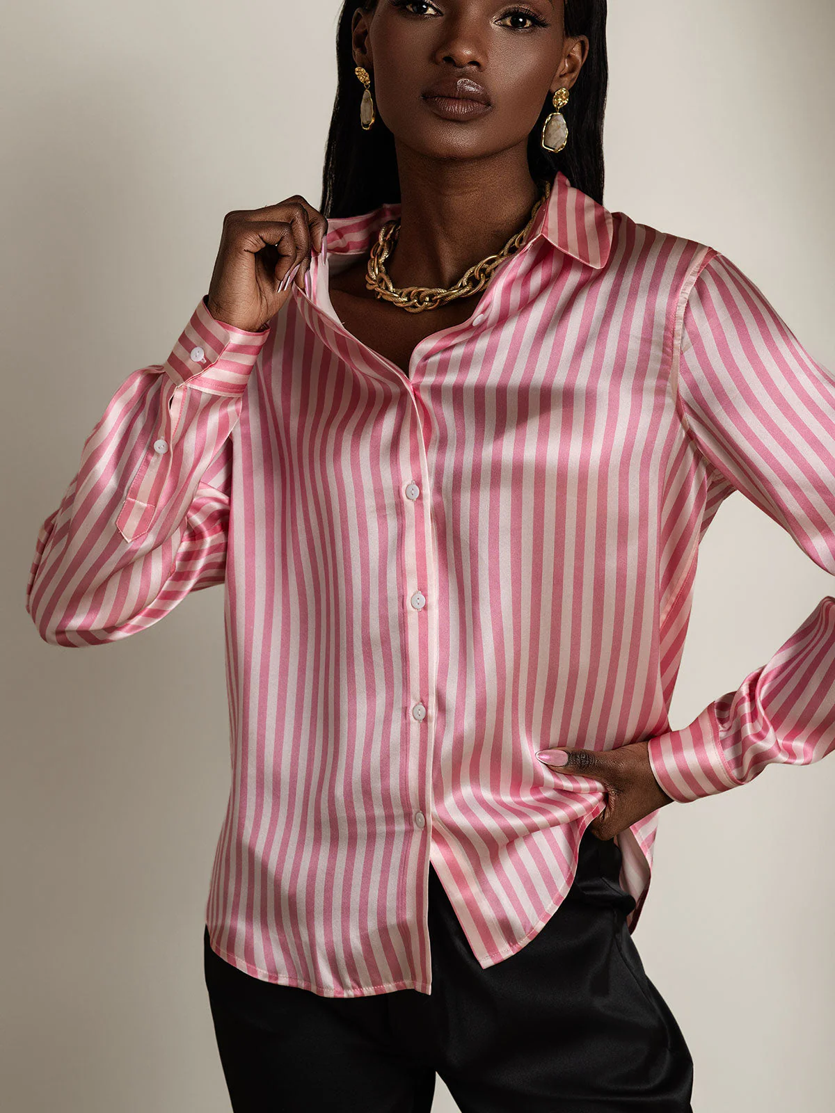 19Momme Soie Basique Col Militaire Chemise - Image 73