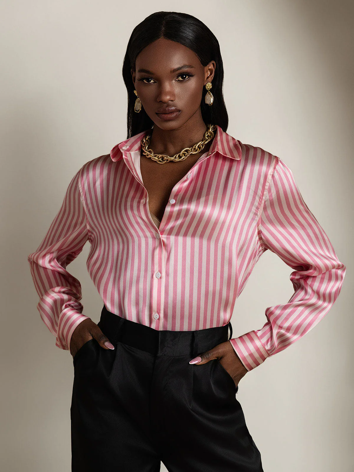 19Momme Soie Basique Col Militaire Chemise - Image 75