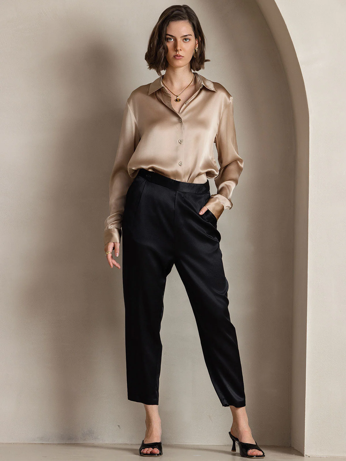 19Momme Soie Basique Col Militaire Chemise - Image 89