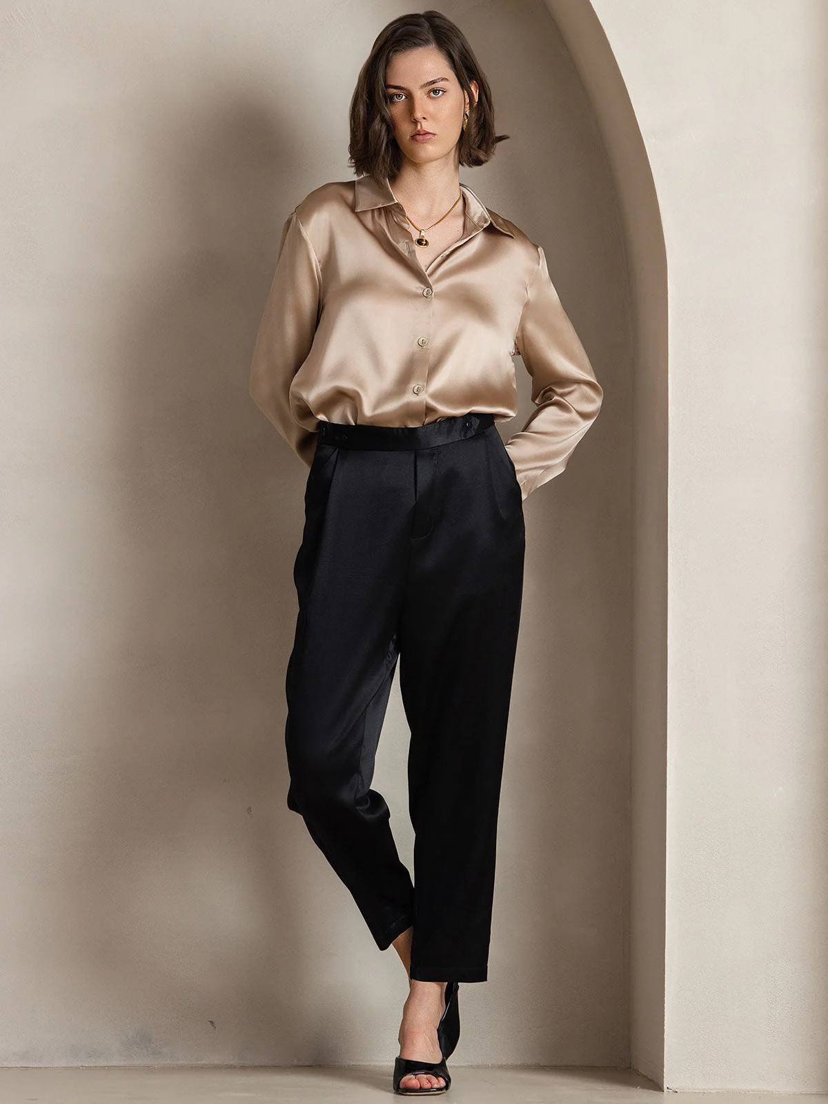 19Momme Soie Basique Col Militaire Chemise - Image 91