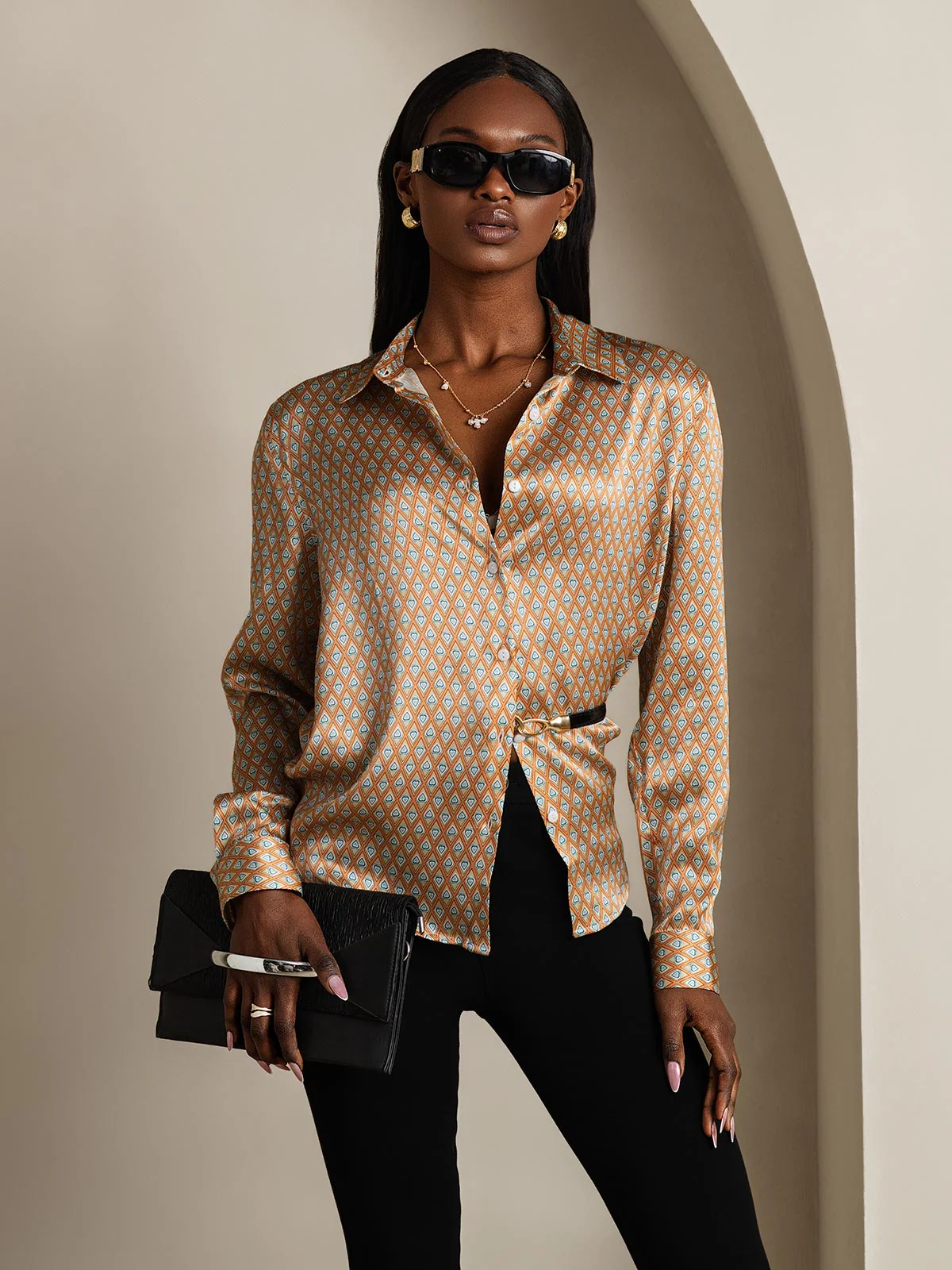 19Momme Soie Basique Col Militaire Chemise - Image 95