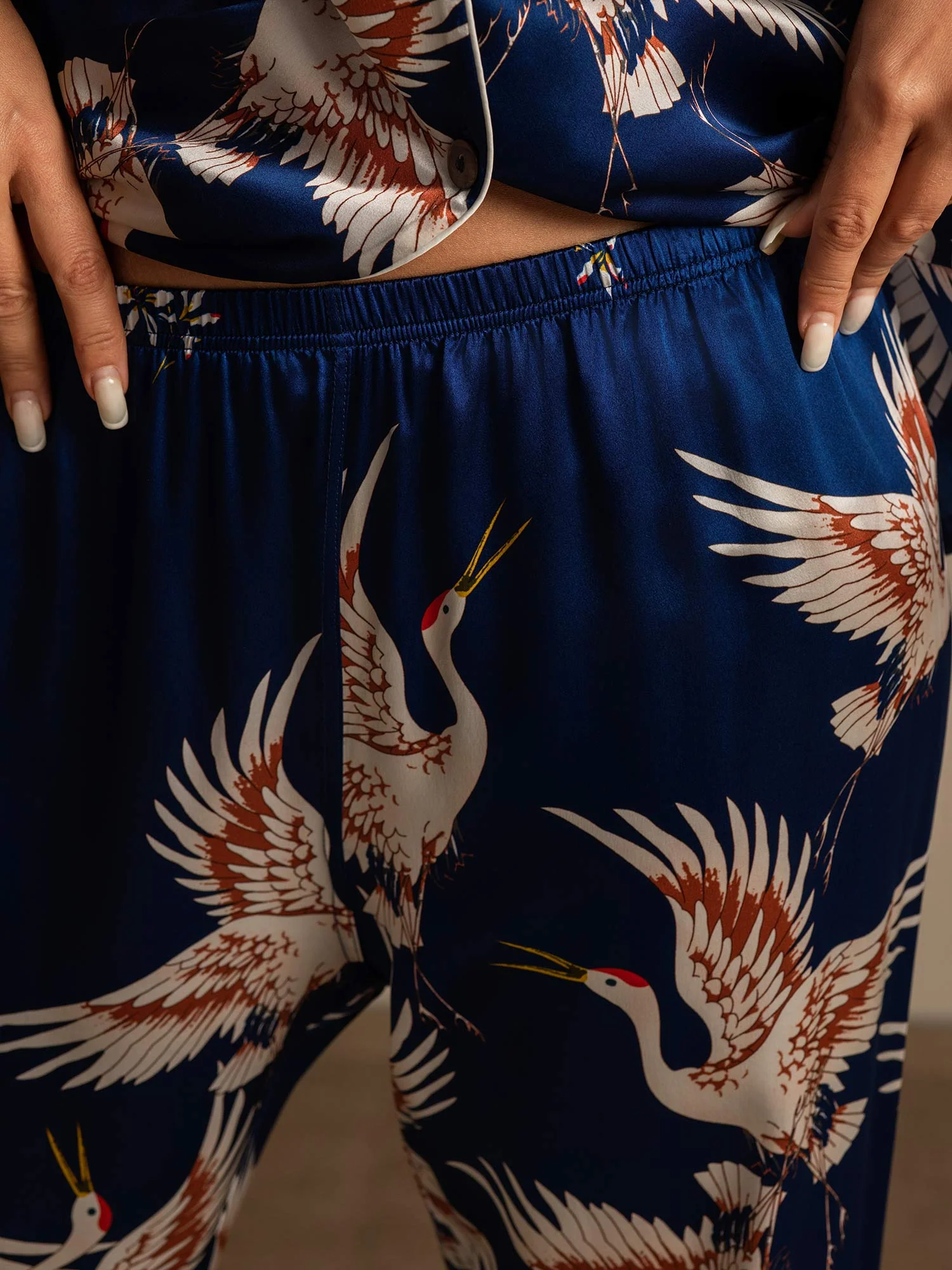 Ensemble De Pyjama En Soie Pure 19Momme Pour Femme À Revers Et À Manches Longues Avec Imprimé Grue - Image 16