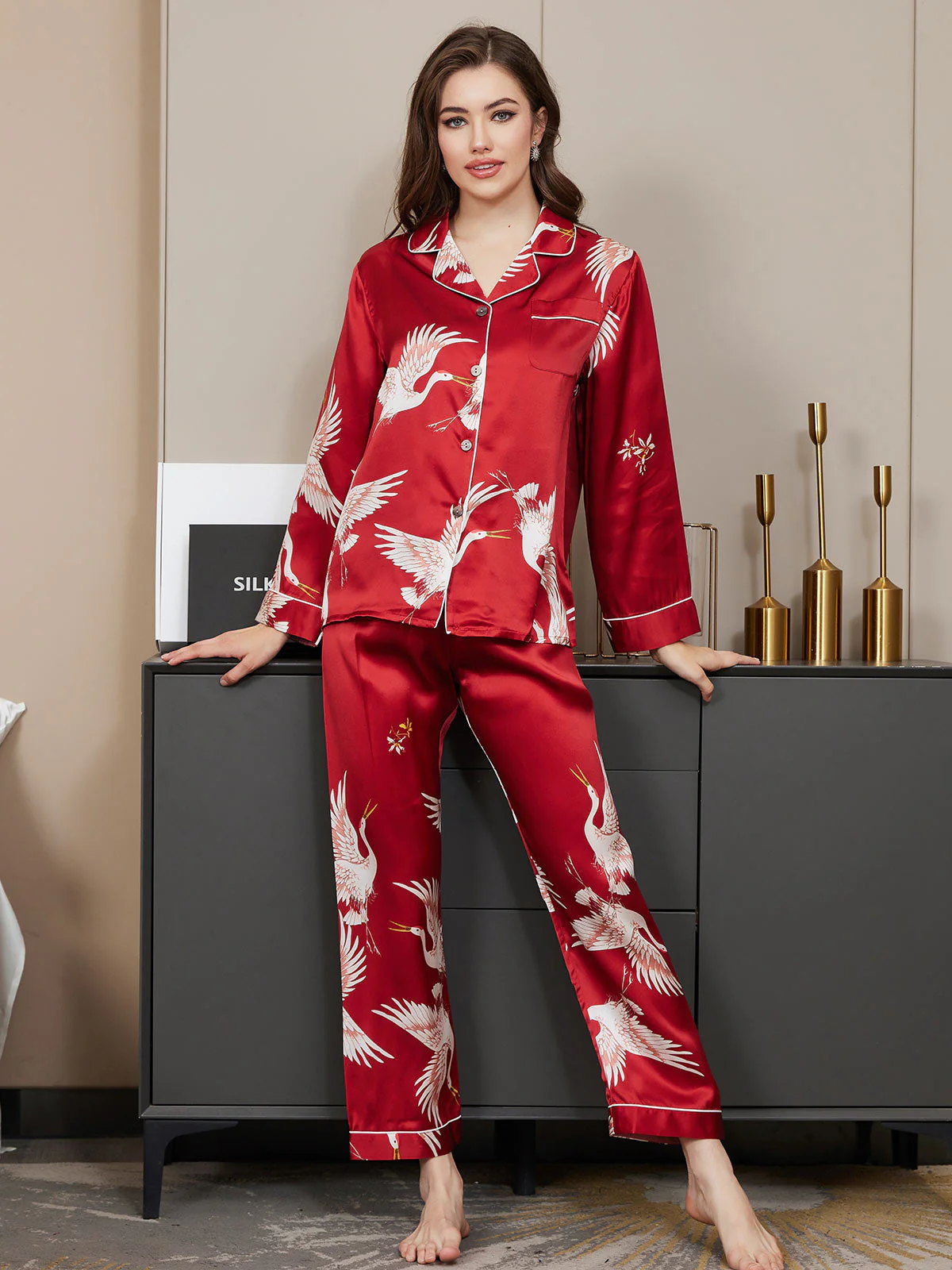 Ensemble De Pyjama En Soie Pure 19Momme Pour Femme À Revers Et À Manches Longues Avec Imprimé Grue - Image 19