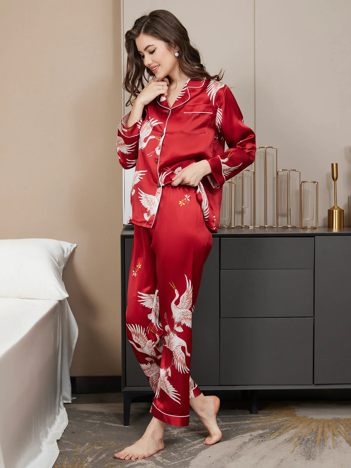 Ensemble De Pyjama En Soie Pure 19Momme Pour Femme À Revers Et À Manches Longues Avec Imprimé Grue - Image 20