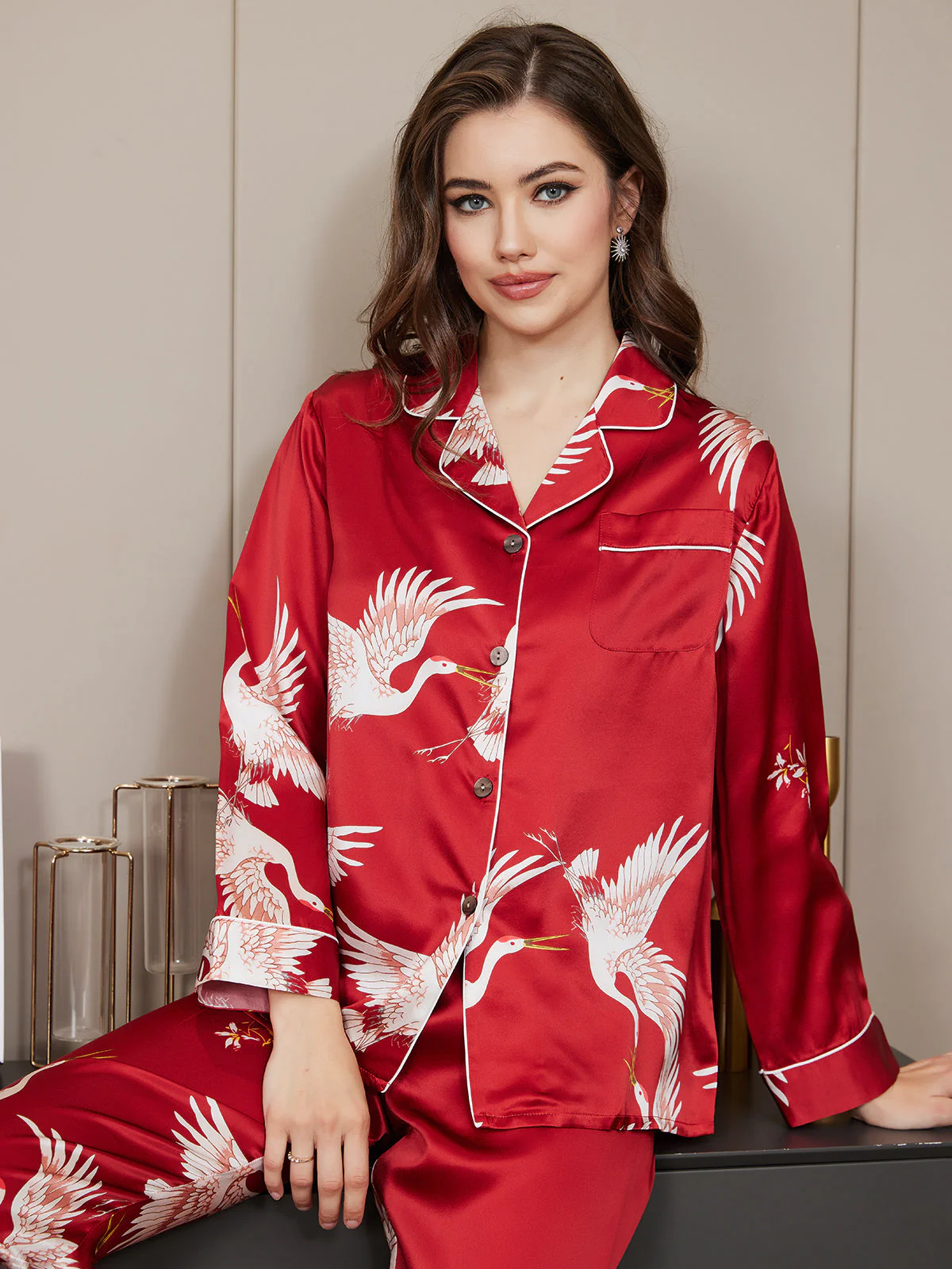 Ensemble De Pyjama En Soie Pure 19Momme Pour Femme À Revers Et À Manches Longues Avec Imprimé Grue - Image 21