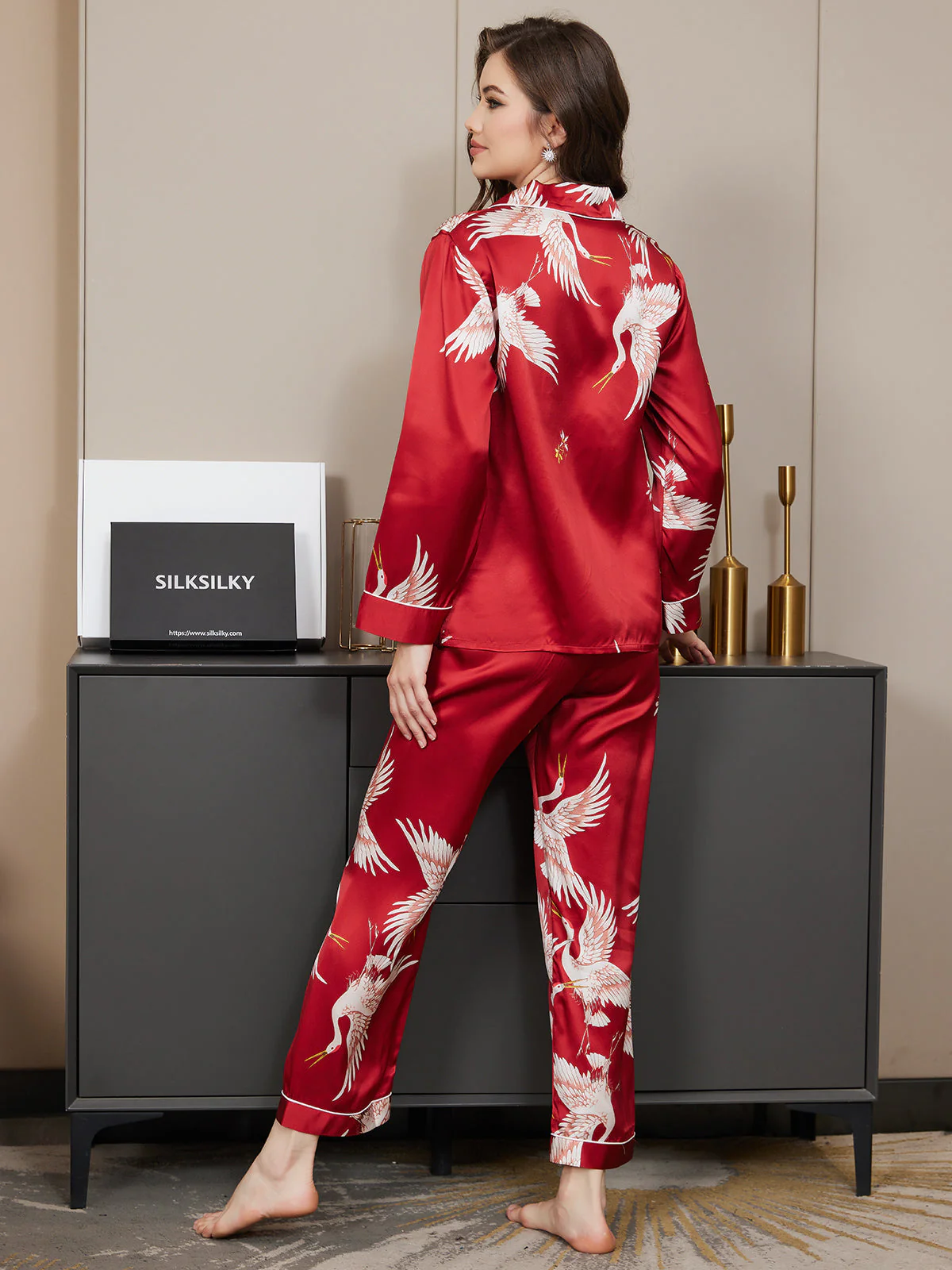 Ensemble De Pyjama En Soie Pure 19Momme Pour Femme À Revers Et À Manches Longues Avec Imprimé Grue - Image 22
