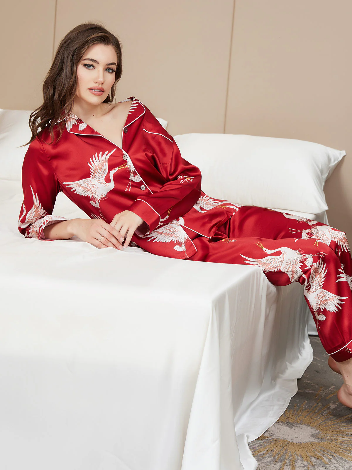 Ensemble De Pyjama En Soie Pure 19Momme Pour Femme À Revers Et À Manches Longues Avec Imprimé Grue - Image 24