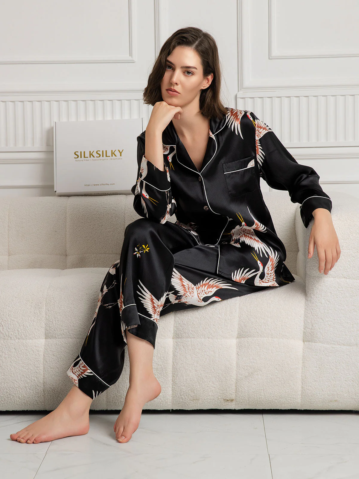 Ensemble De Pyjama En Soie Pure 19Momme Pour Femme À Revers Et À Manches Longues Avec Imprimé Grue - Image 25