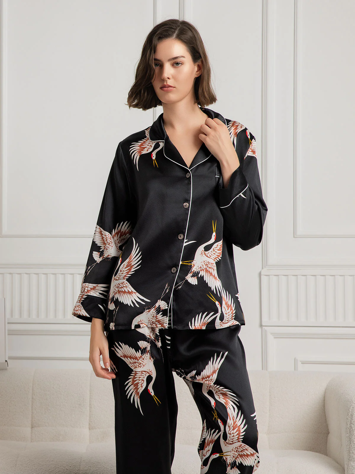 Ensemble De Pyjama En Soie Pure 19Momme Pour Femme À Revers Et À Manches Longues Avec Imprimé Grue - Image 27