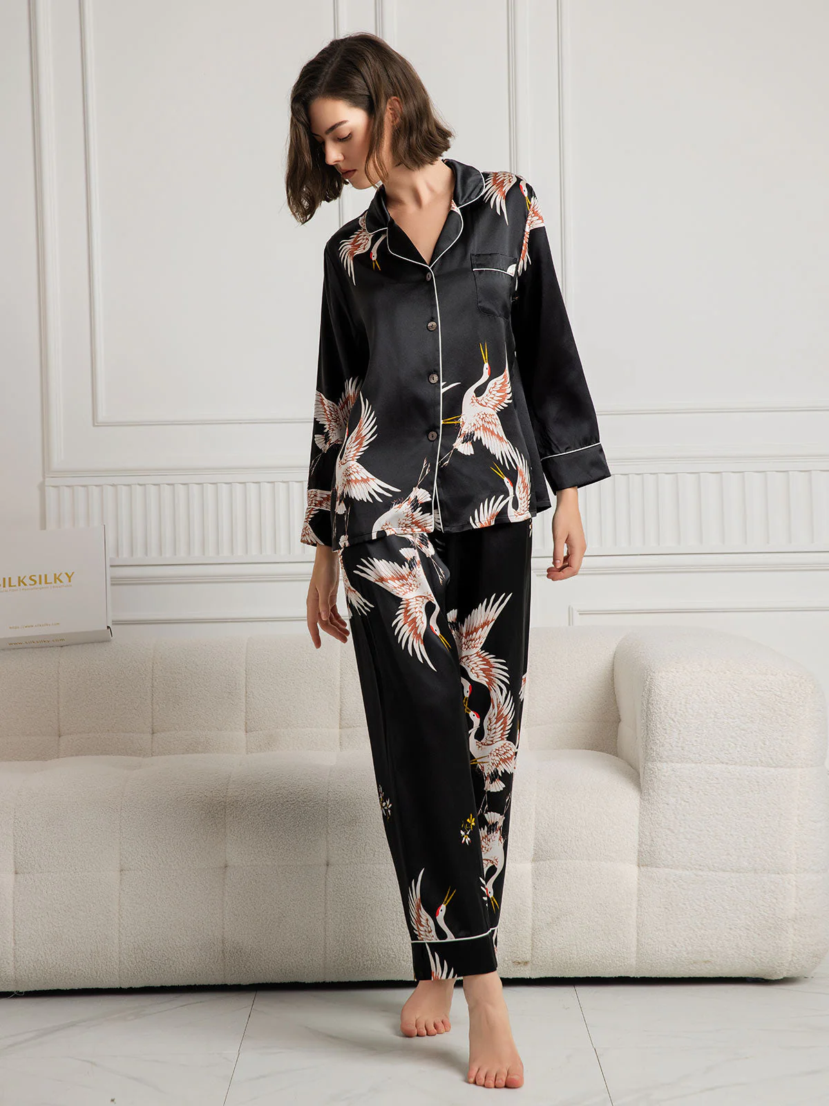 Ensemble De Pyjama En Soie Pure 19Momme Pour Femme À Revers Et À Manches Longues Avec Imprimé Grue - Image 28