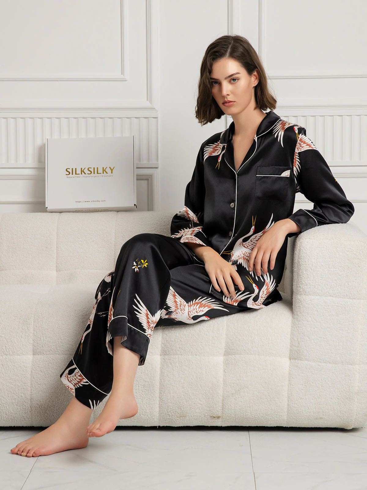 Ensemble De Pyjama En Soie Pure 19Momme Pour Femme À Revers Et À Manches Longues Avec Imprimé Grue - Image 29