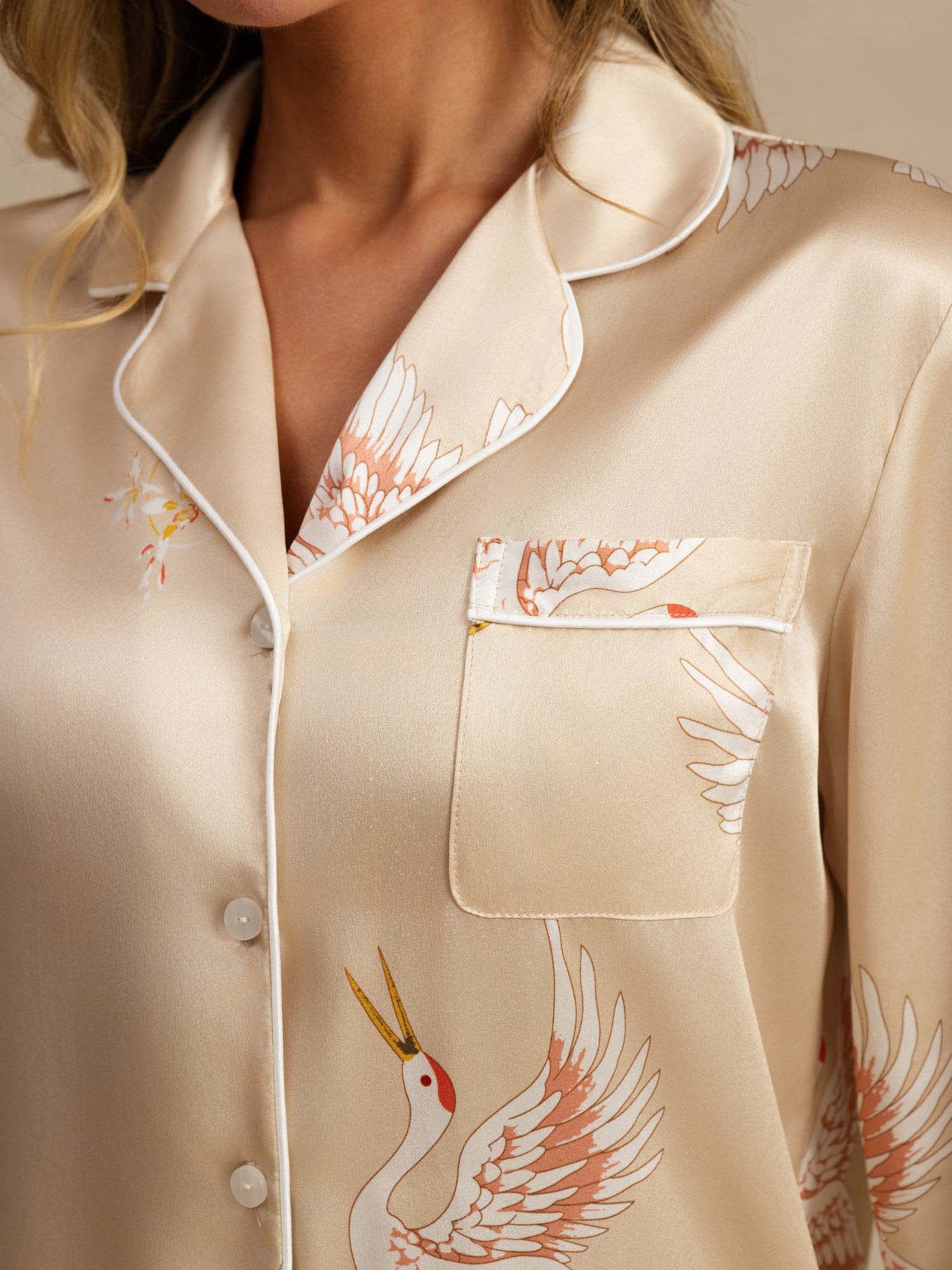 Ensemble De Pyjama En Soie Pure 19Momme Pour Femme À Revers Et À Manches Longues Avec Imprimé Grue - Image 34