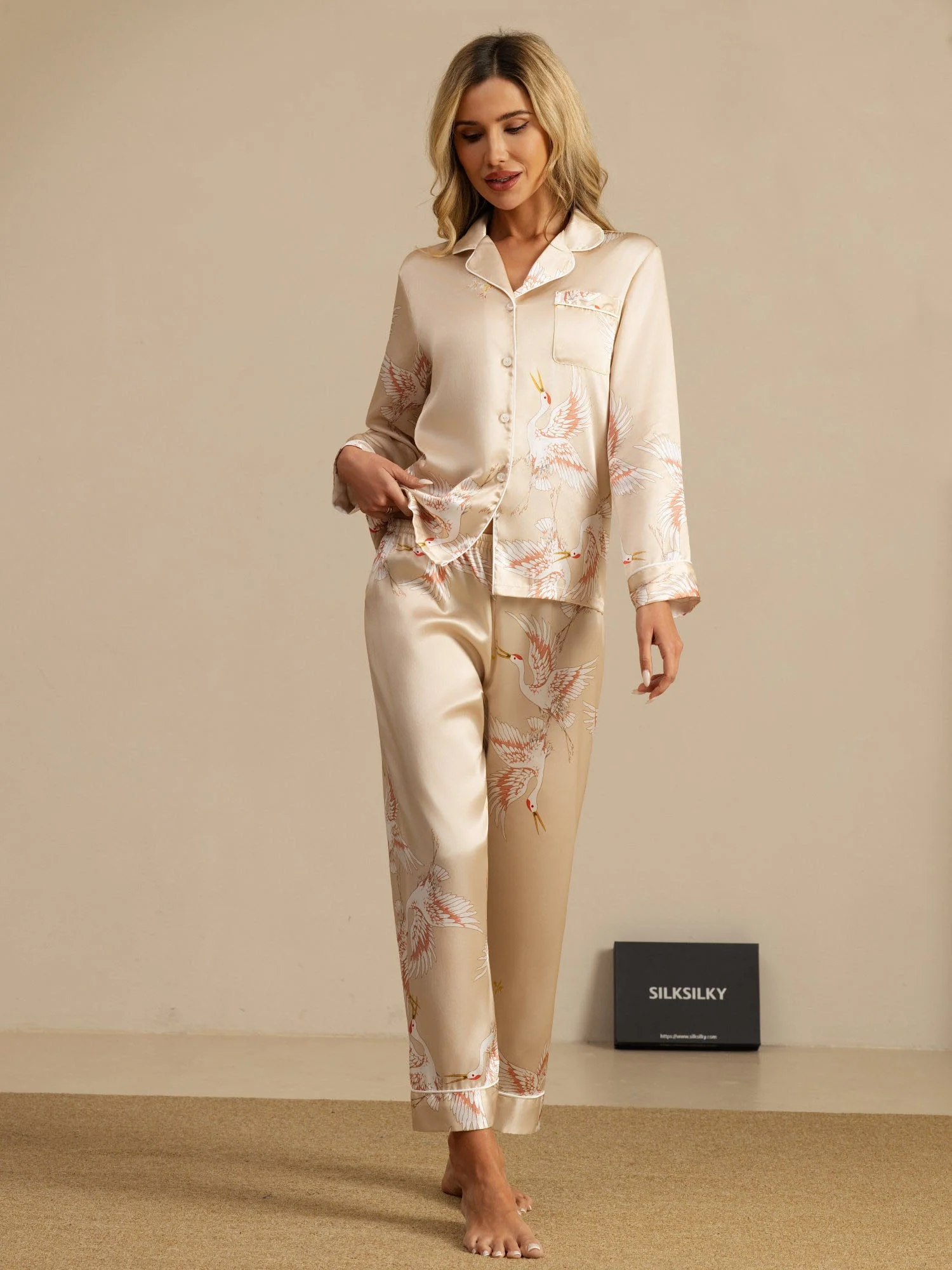 Ensemble De Pyjama En Soie Pure 19Momme Pour Femme À Revers Et À Manches Longues Avec Imprimé Grue - Image 35