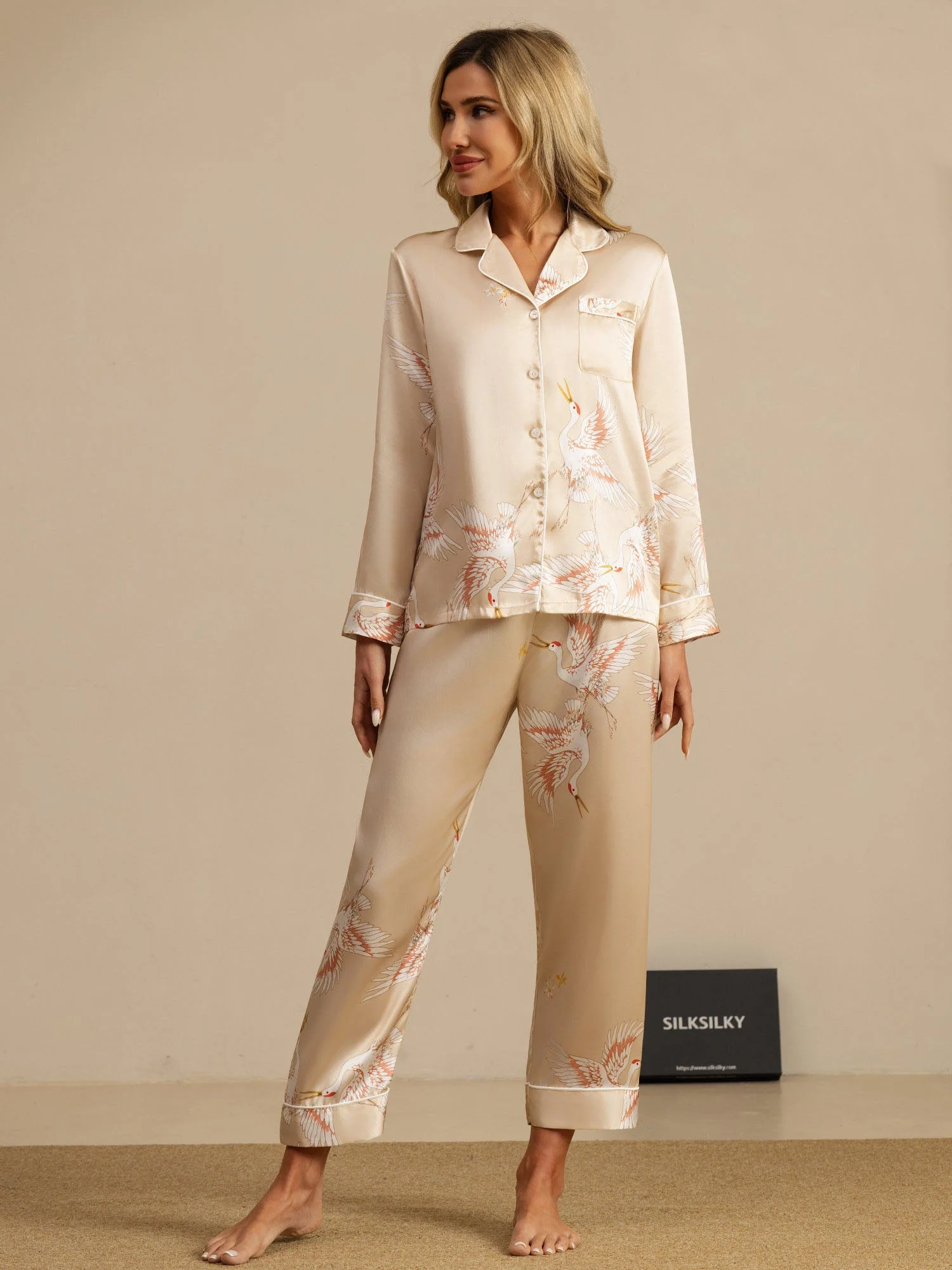 Ensemble De Pyjama En Soie Pure 19Momme Pour Femme À Revers Et À Manches Longues Avec Imprimé Grue - Image 36
