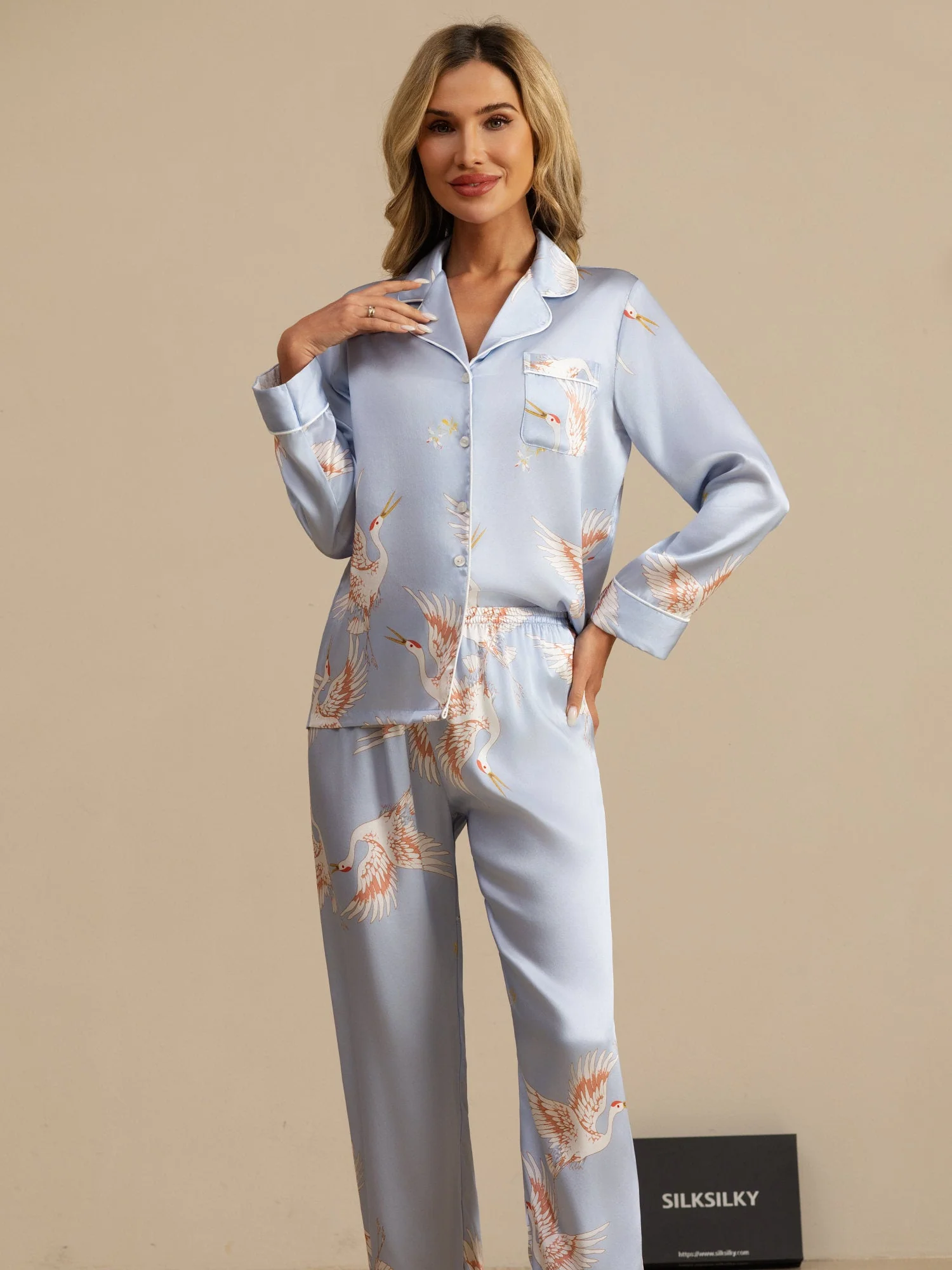 Ensemble De Pyjama En Soie Pure 19Momme Pour Femme À Revers Et À Manches Longues Avec Imprimé Grue - Image 40