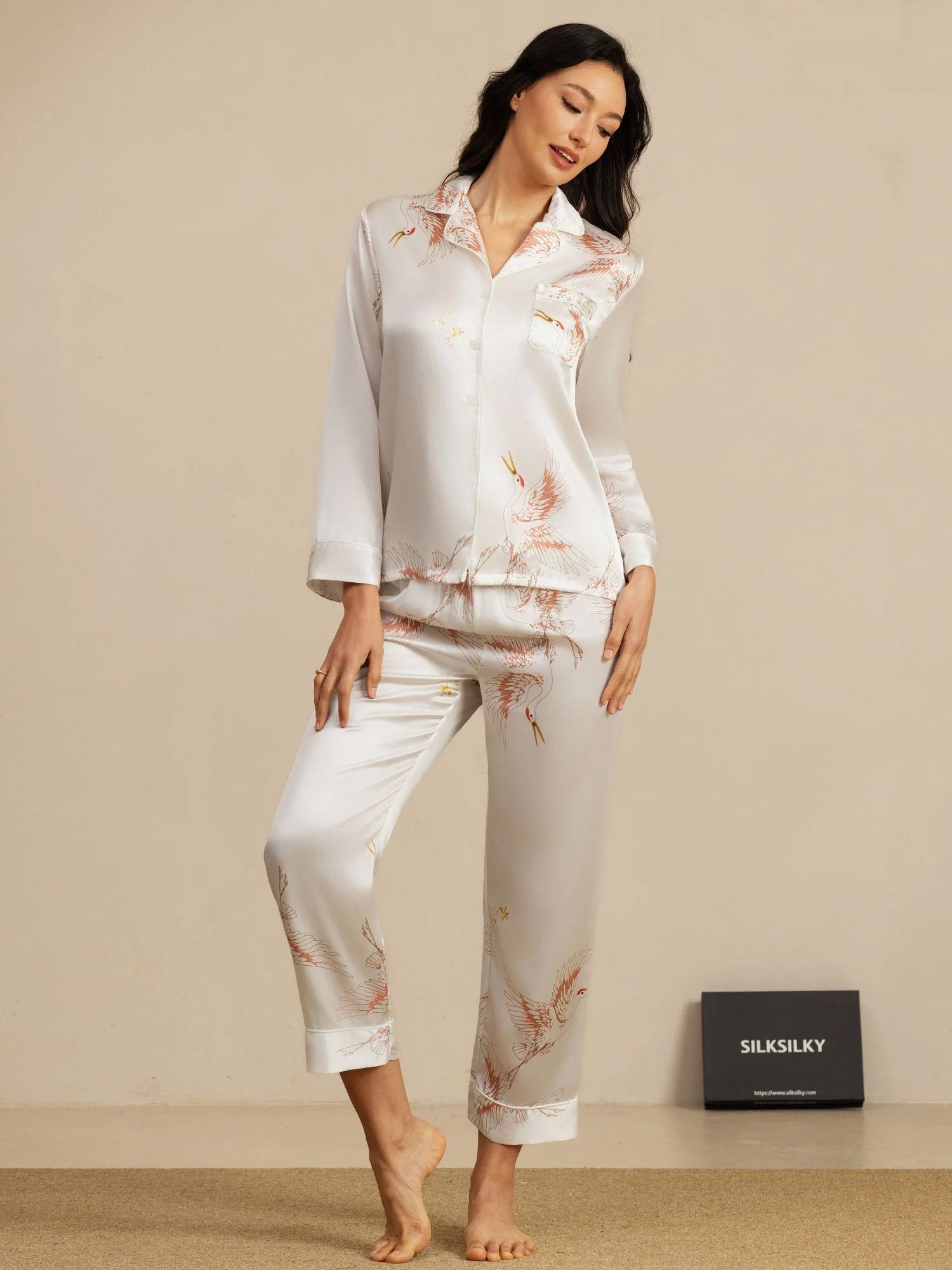 Ensemble De Pyjama En Soie Pure 19Momme Pour Femme À Revers Et À Manches Longues Avec Imprimé Grue - Image 49